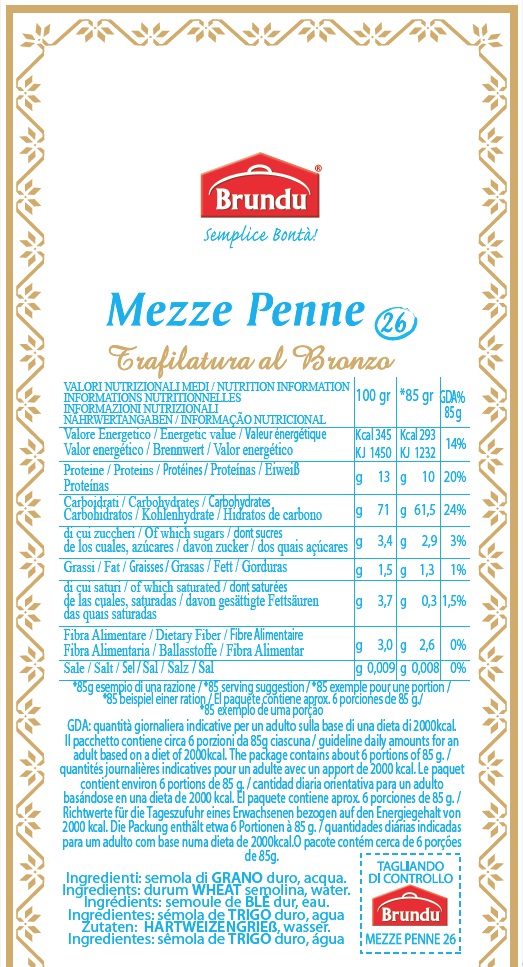 Mezze penne rigate Brundu pasta di semola 500gr